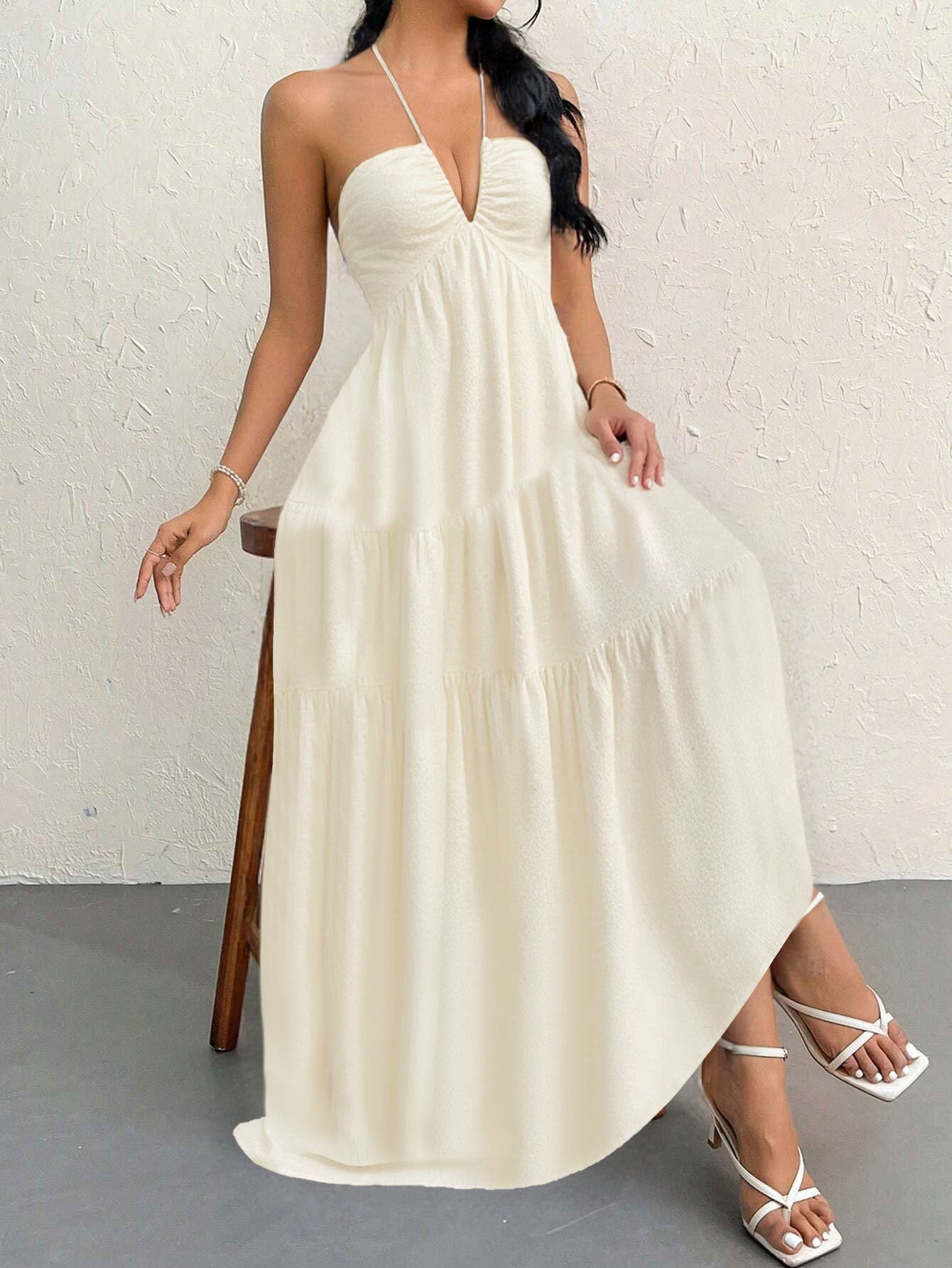 Apricot XL Size Women's Elegant Halter Maxi Dress Summer Backless V-Neck Sleeveless Long Beach Resort Gown
