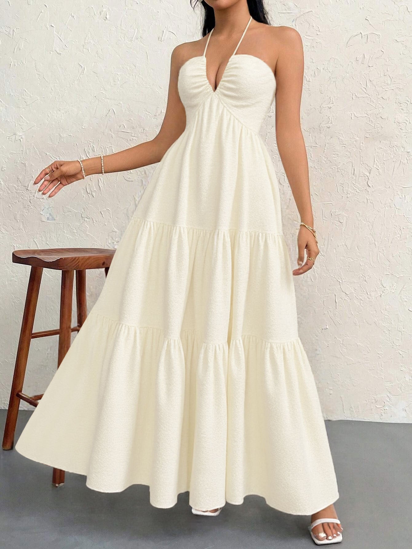 Apricot XL Size Women's Elegant Halter Maxi Dress Summer Backless V-Neck Sleeveless Long Beach Resort Gown