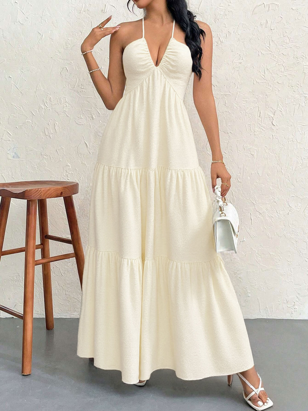 Apricot XL Size Women's Elegant Halter Maxi Dress Summer Backless V-Neck Sleeveless Long Beach Resort Gown