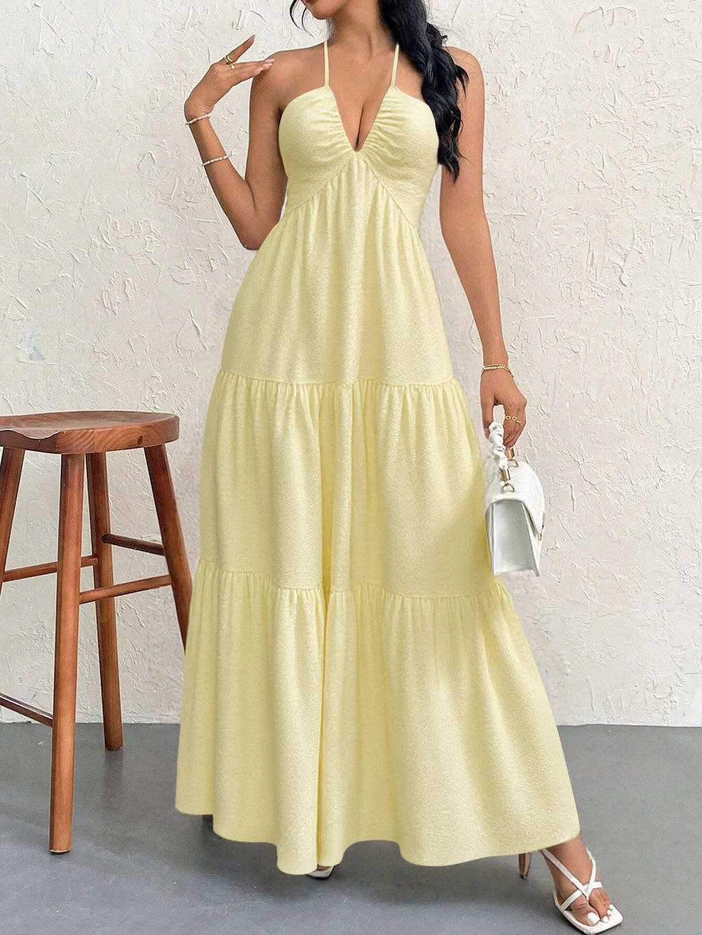 Apricot XL Size Women's Elegant Halter Maxi Dress Summer Backless V-Neck Sleeveless Long Beach Resort Gown