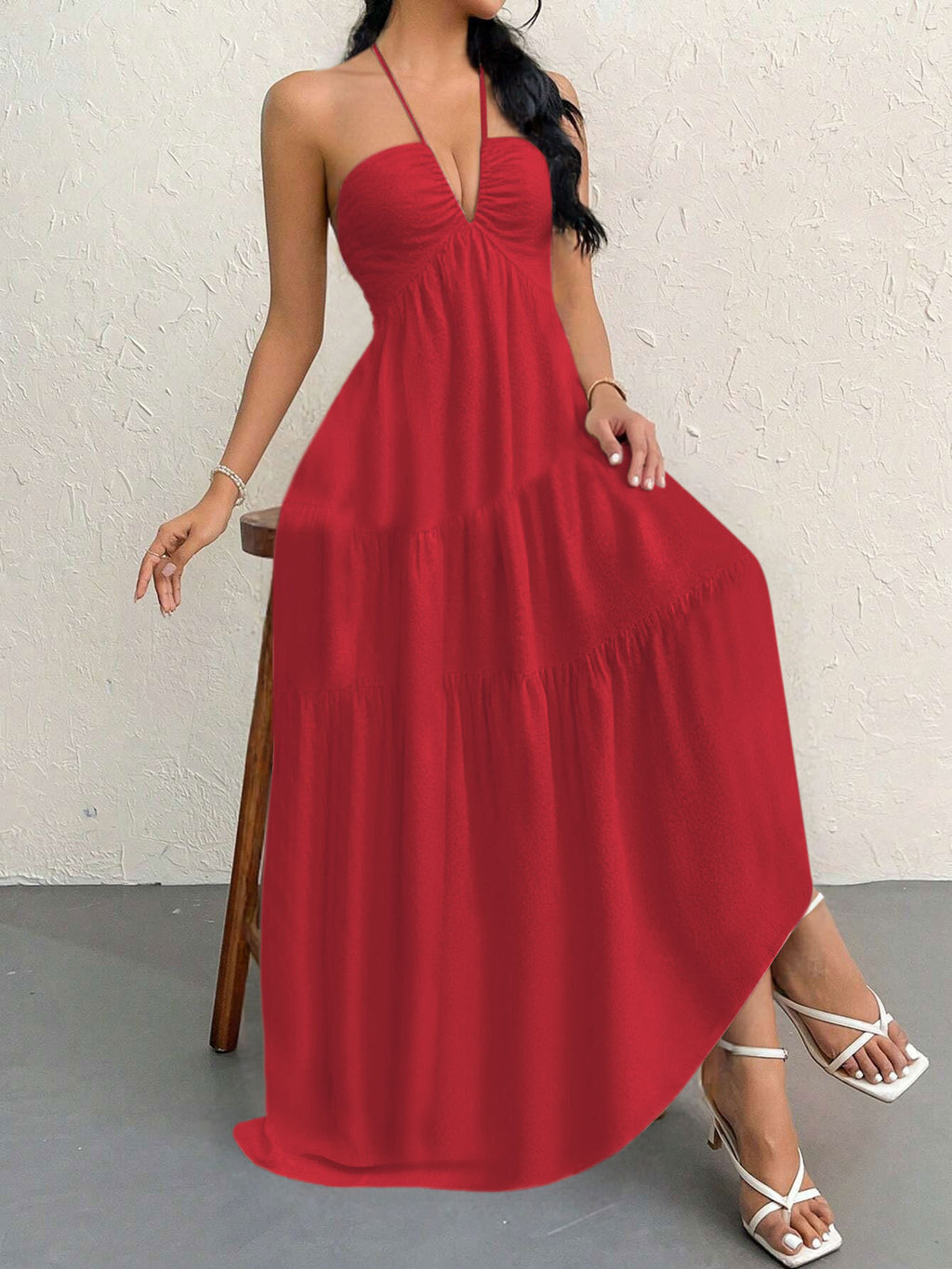 Redt XL Size Women's Elegant Halter Maxi Dress Summer Backless V-Neck Sleeveless Long Beach Resort Gown