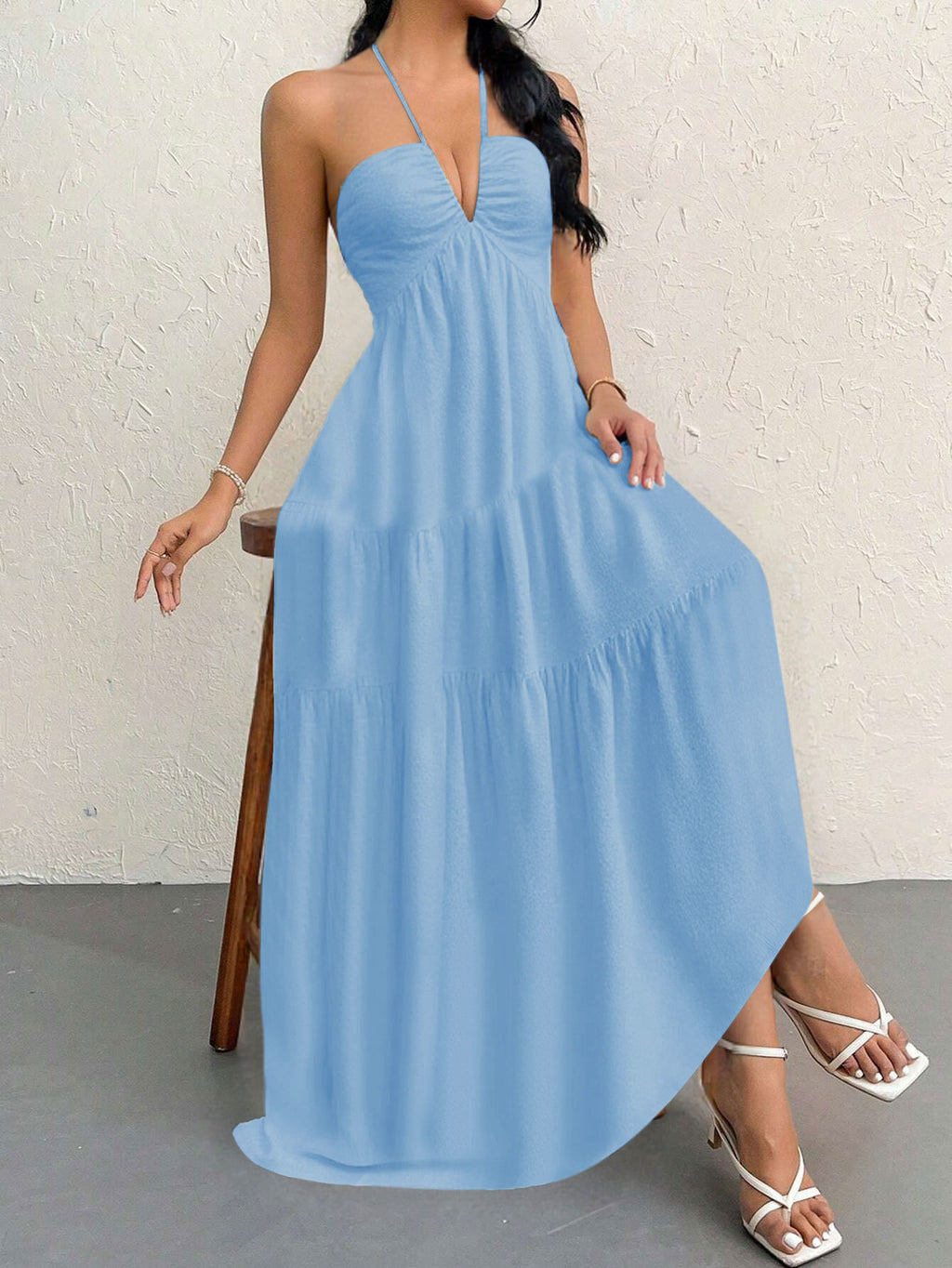 Blue XL Size Women's Elegant Halter Maxi Dress Summer Backless V-Neck Sleeveless Long Beach Resort Gown