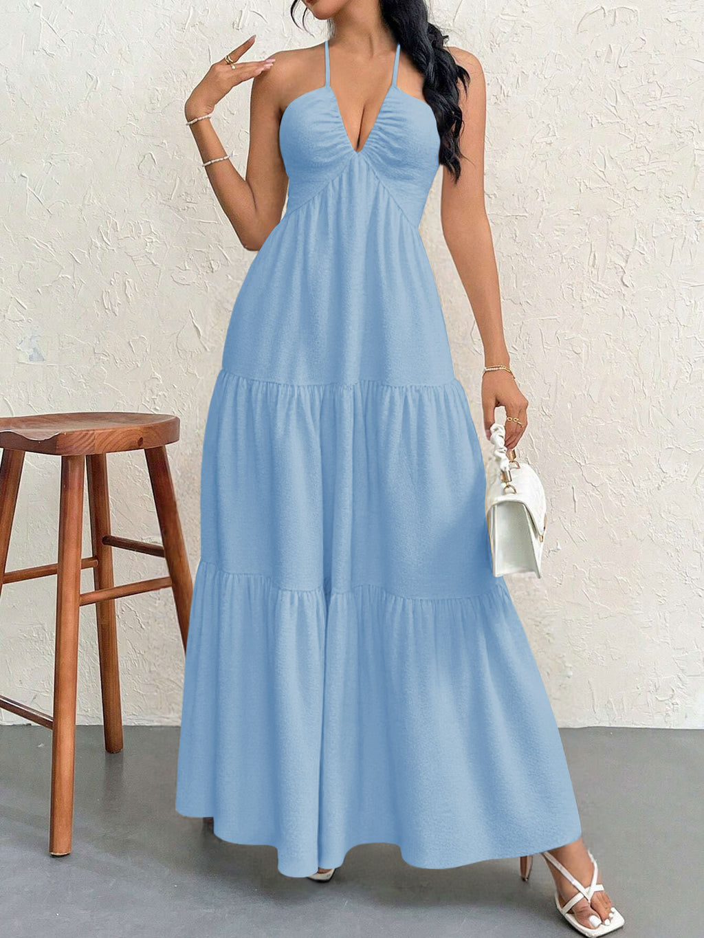 Blue XL Size Women's Elegant Halter Maxi Dress Summer Backless V-Neck Sleeveless Long Beach Resort Gown
