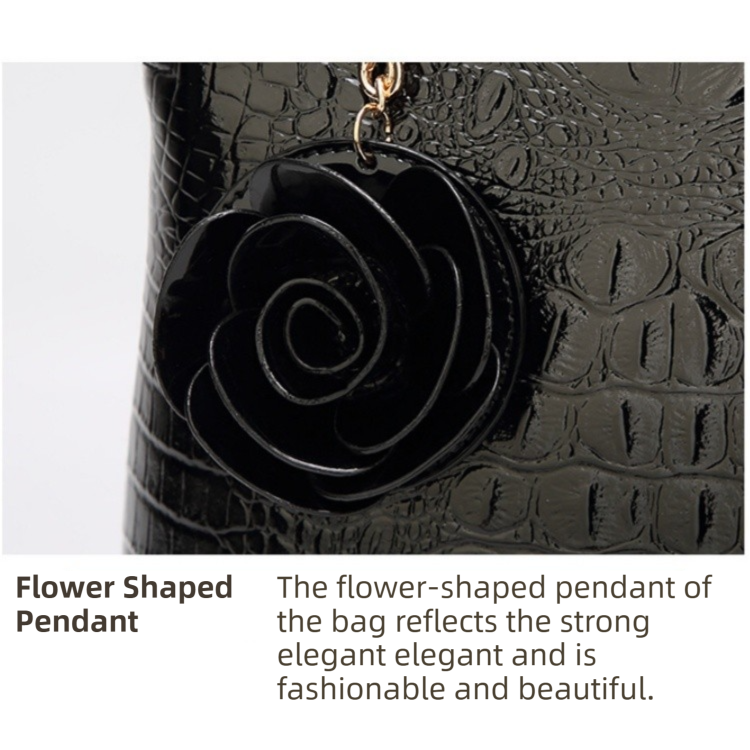 Wine Red Patent PU Leather Crocodile Embossed Shell Bag(30 x 11 x 26 CM) with Floral Pendant