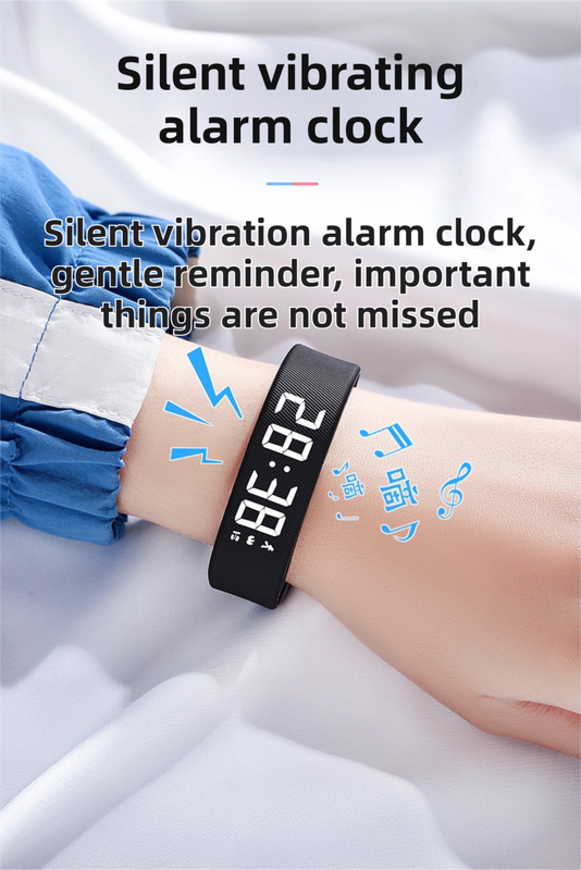 Weißes lautloses Vibrationsalarm-Smart-Silikonarmband mit 3 Alarmeinstellungen – diskretes Weckgerät für Jugendliche und Erwachsene (horizontale Version)