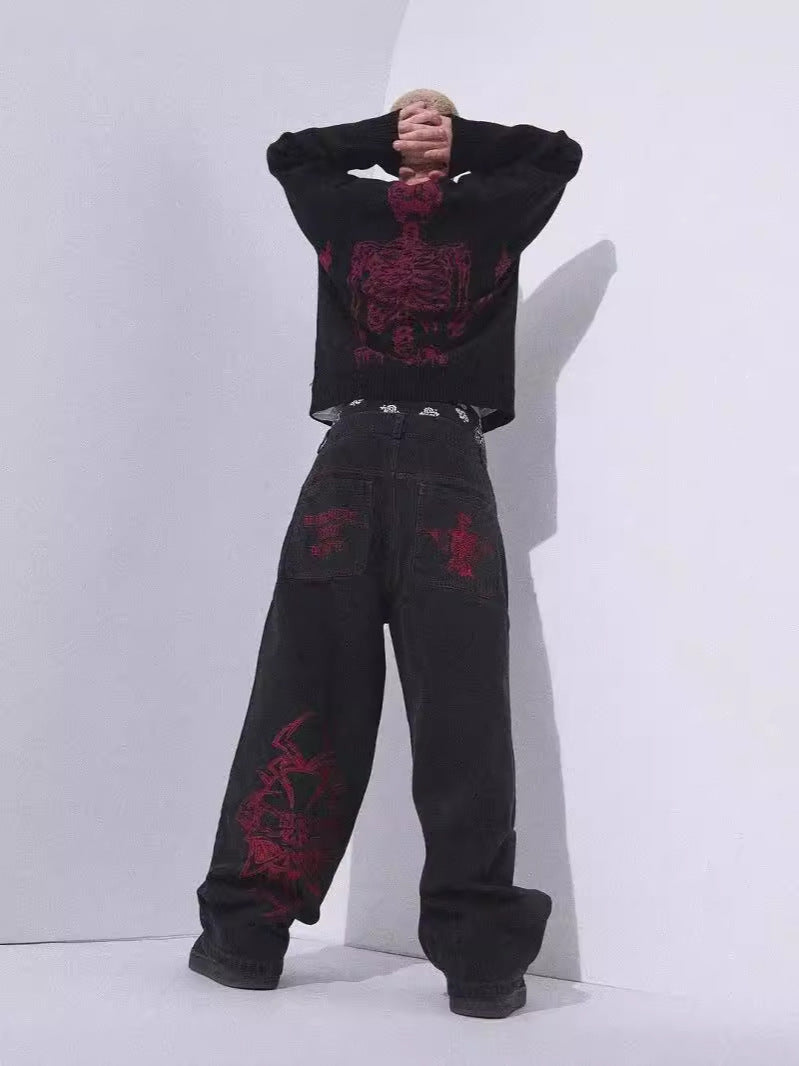 Mens Washed Cotton Wide Leg Jeans