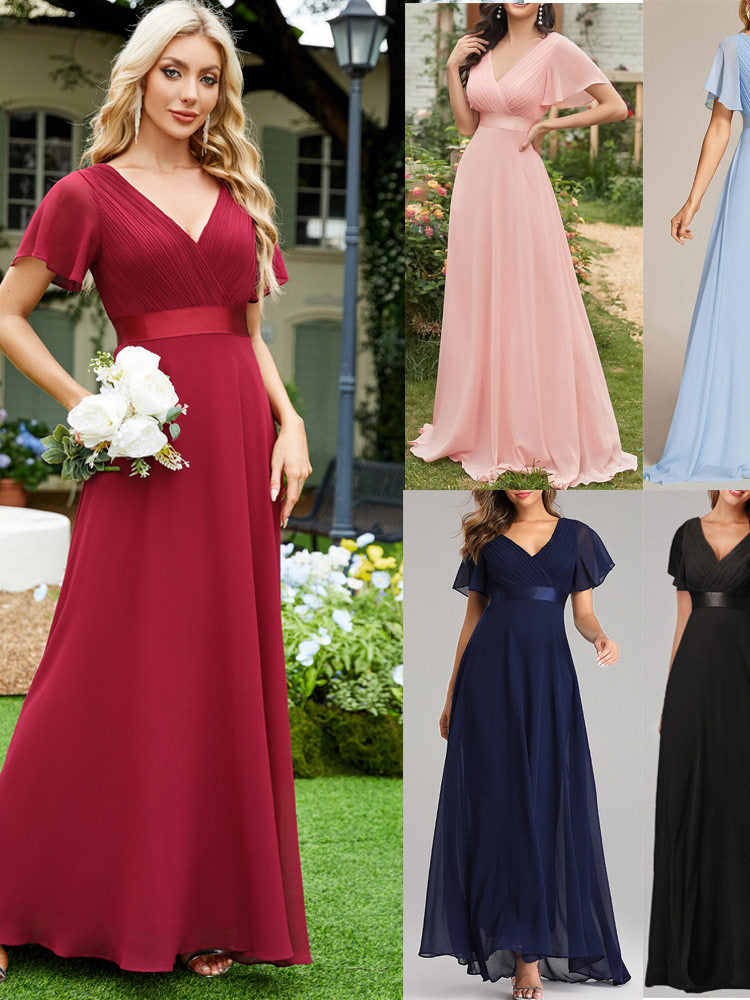 Brautjungfernkleid mit V-Ausschnitt und Trompetenärmeln
