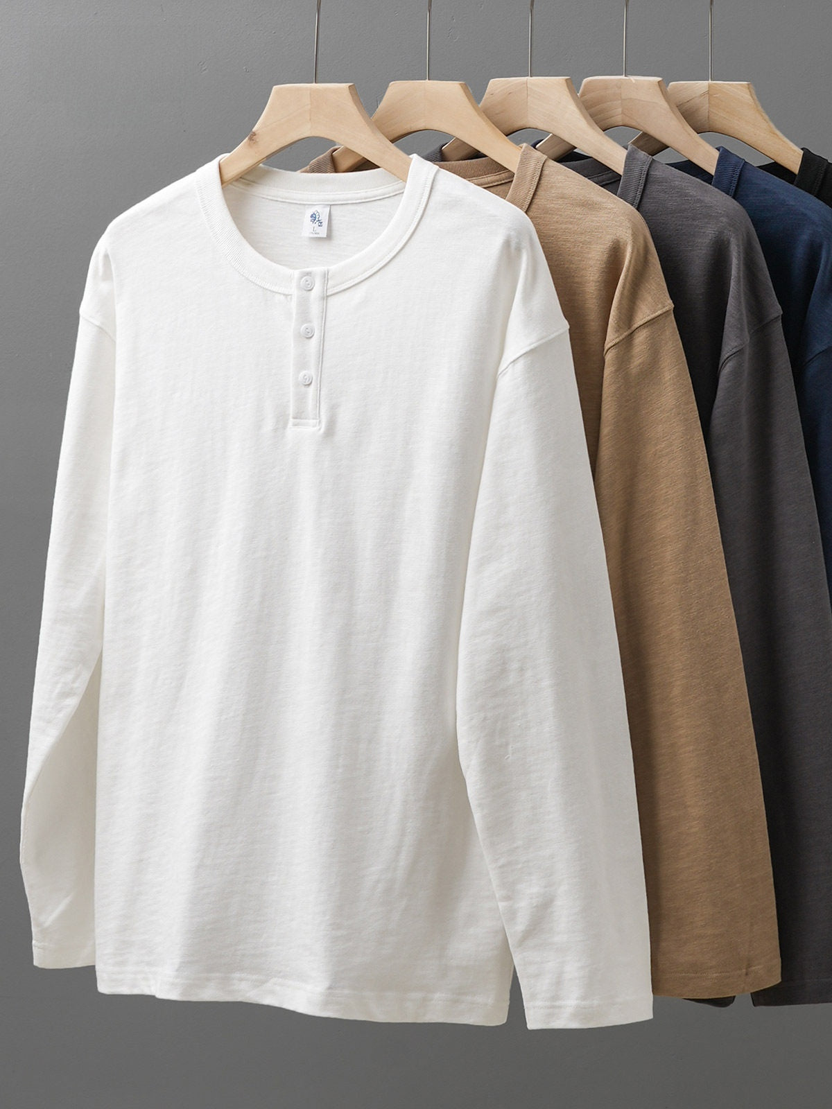 Mens Heavyweight Cotton Henley Shirt Long Sleeve