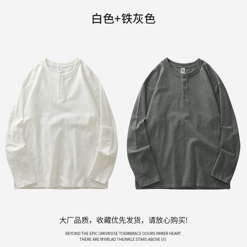 Mens Heavyweight Cotton Henley Shirt Long Sleeve