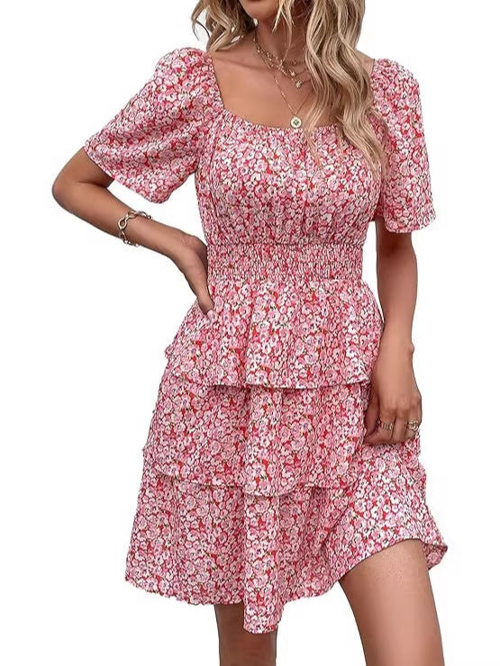 Geblümtes A-Linien-Kleid mit eckigem Ausschnitt