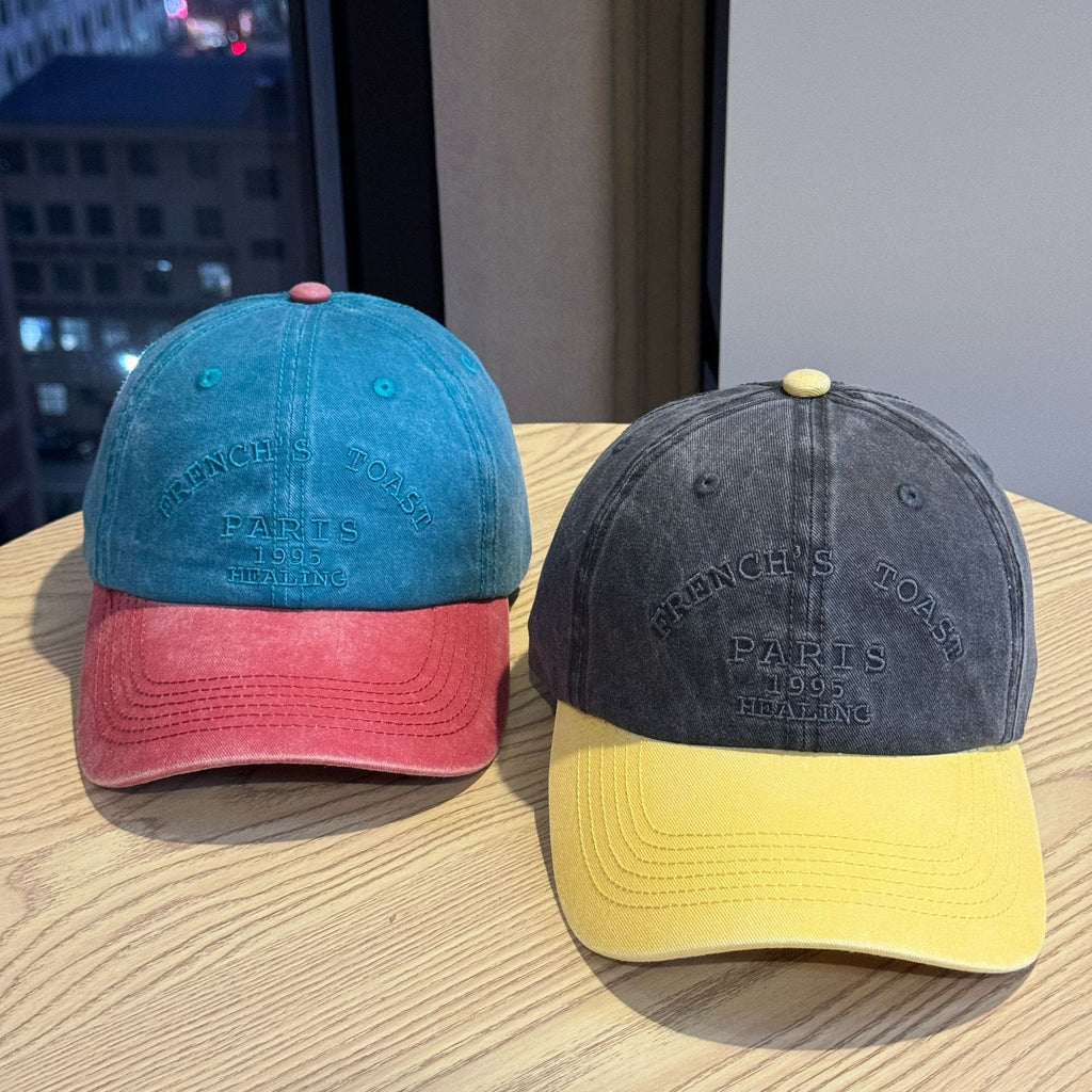 Vintage Washed Color Block Baseball Cap with Letter Embroidery