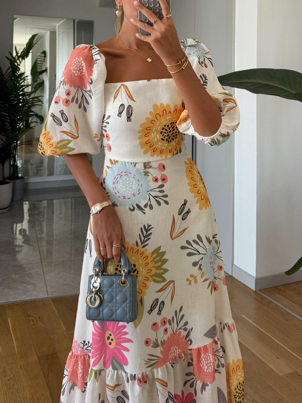 Off-Shoulder Flared Dress with Puff Sleeves