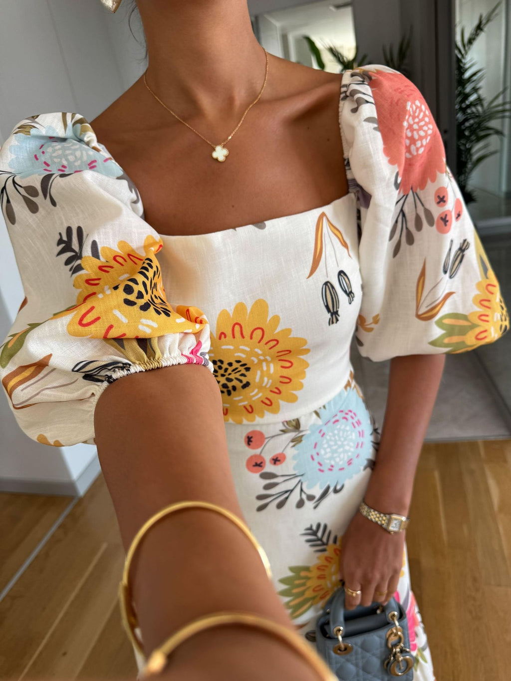 Off-Shoulder Flared Dress with Puff Sleeves
