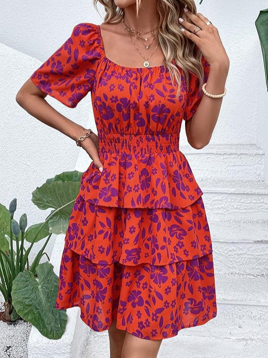 Geblümtes A-Linien-Kleid mit eckigem Ausschnitt
