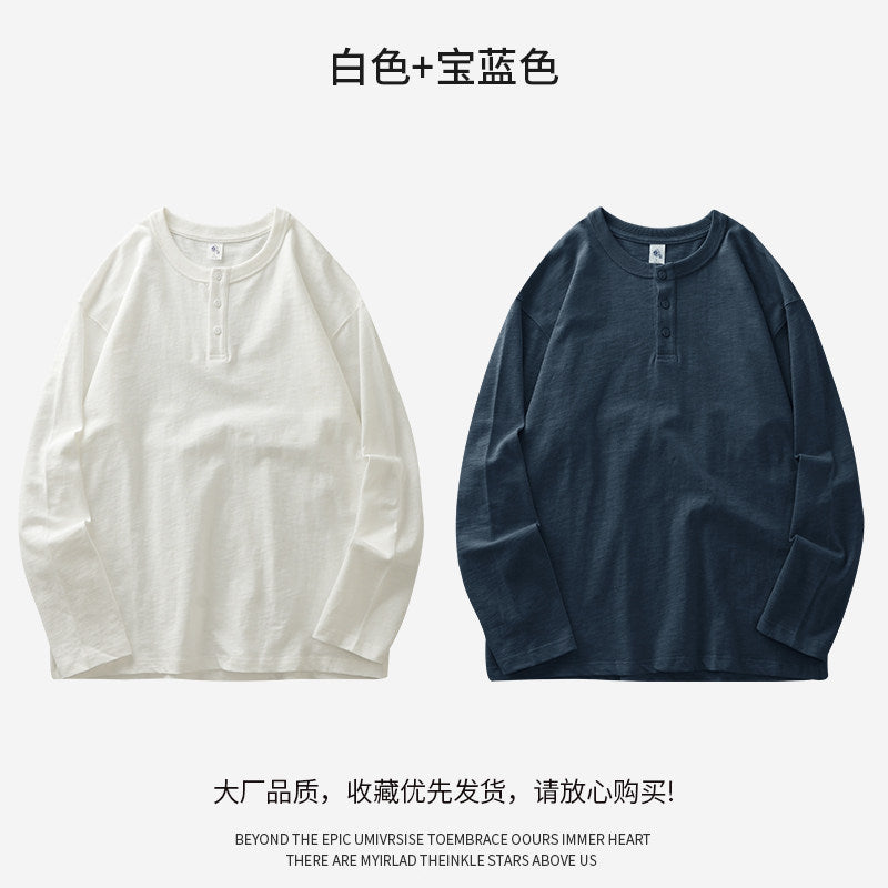 Mens Heavyweight Cotton Henley Shirt Long Sleeve
