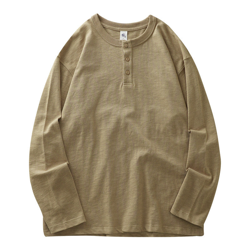 Mens Heavyweight Cotton Henley Shirt Long Sleeve