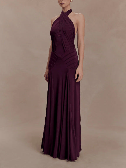 Womens Halter Neck Backless Chiffon Dress