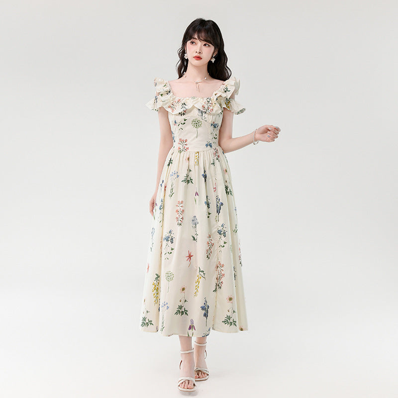 Summer Floral Print Chiffon Dress with Square Collar