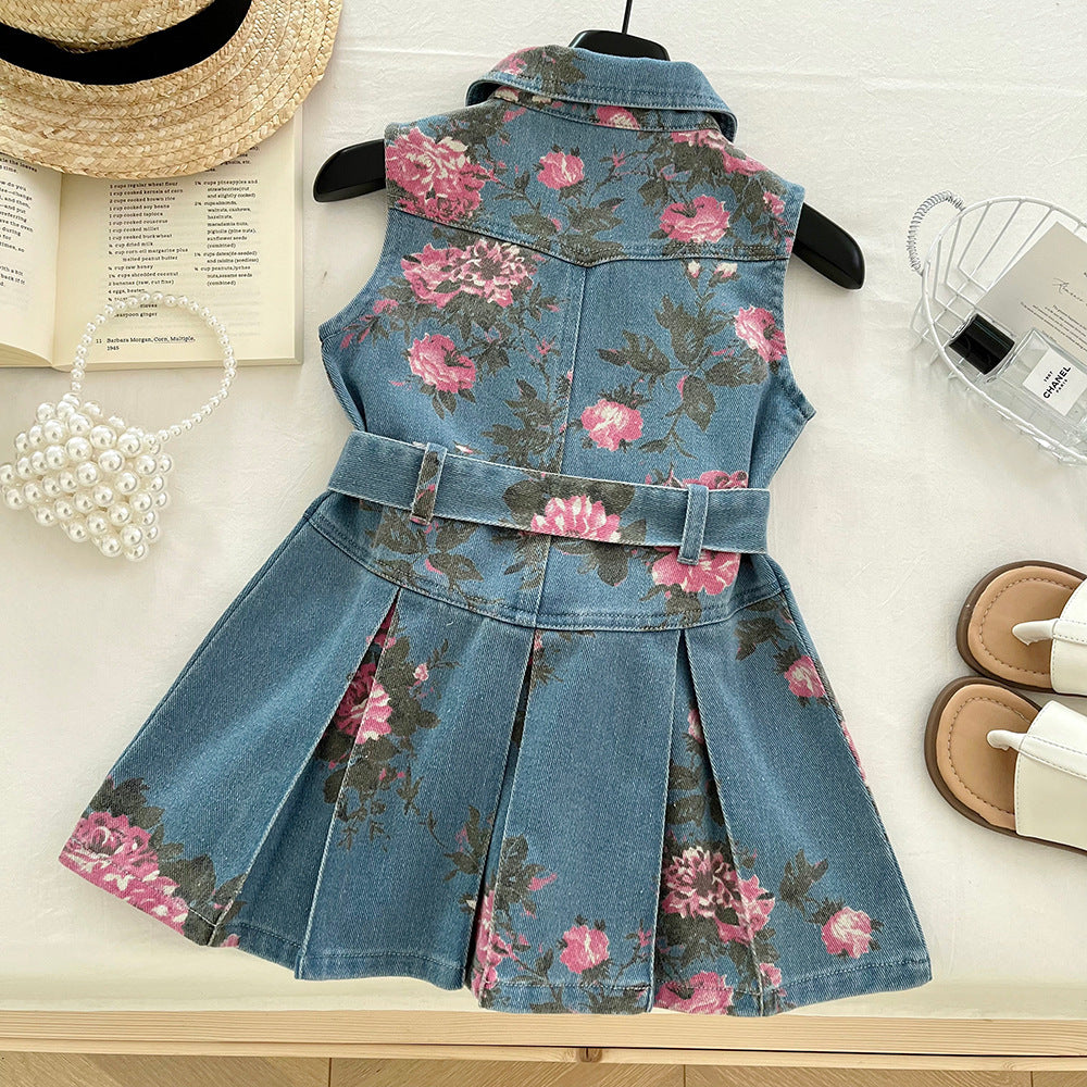 Girls Sleeveless Floral Print Denim Dress