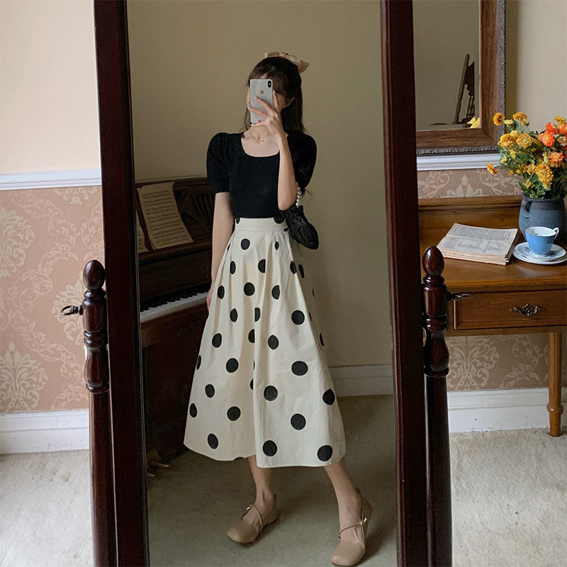 Damen Polka Dot Kleid mit T-Shirt-Set