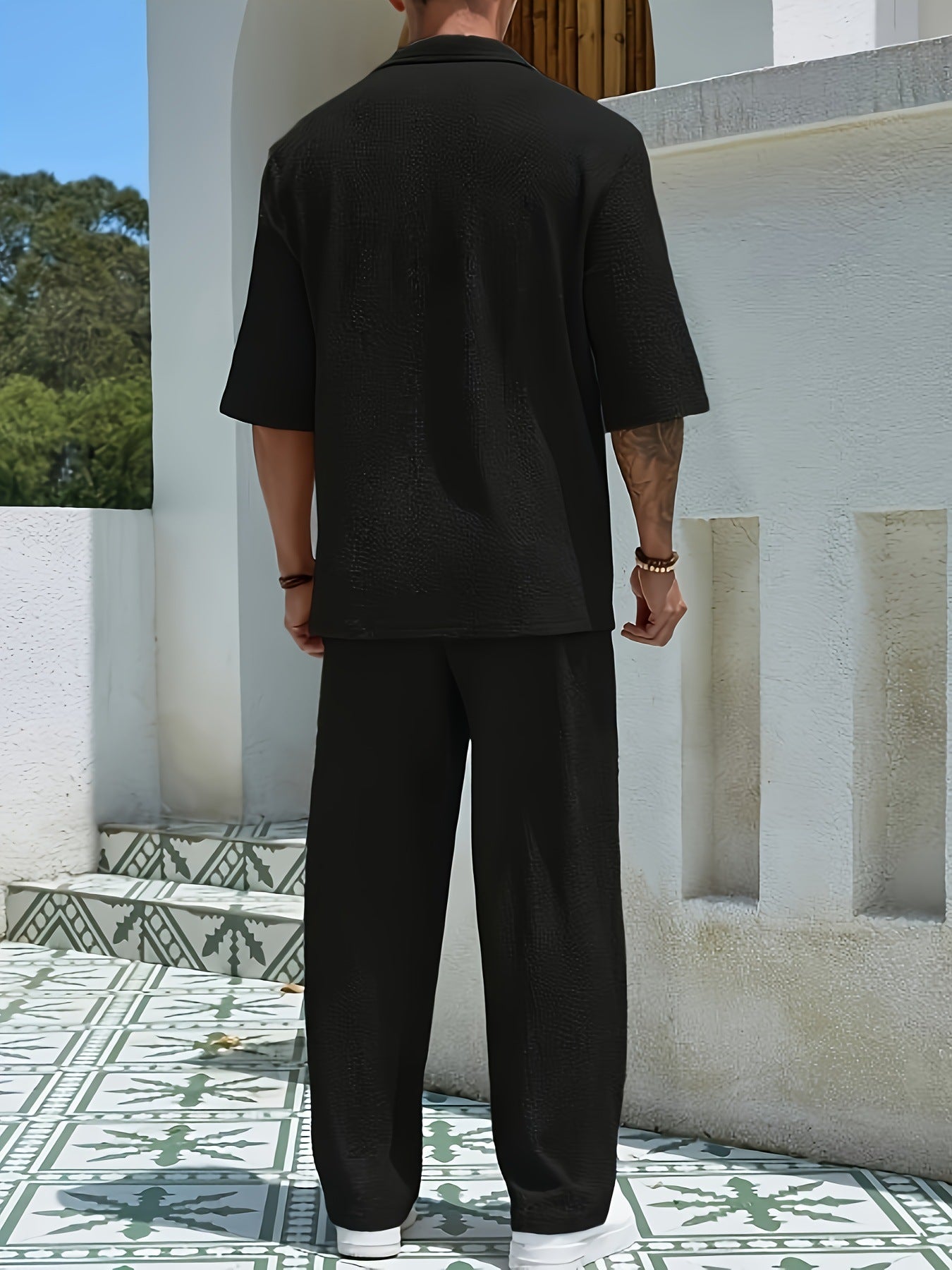 Mens Short Sleeve Shirt and Long Pants Casual Set