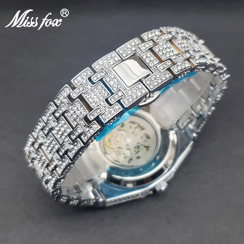 Mens Diamond Mechanical Watch Waterproof Luminous Stainless Steel