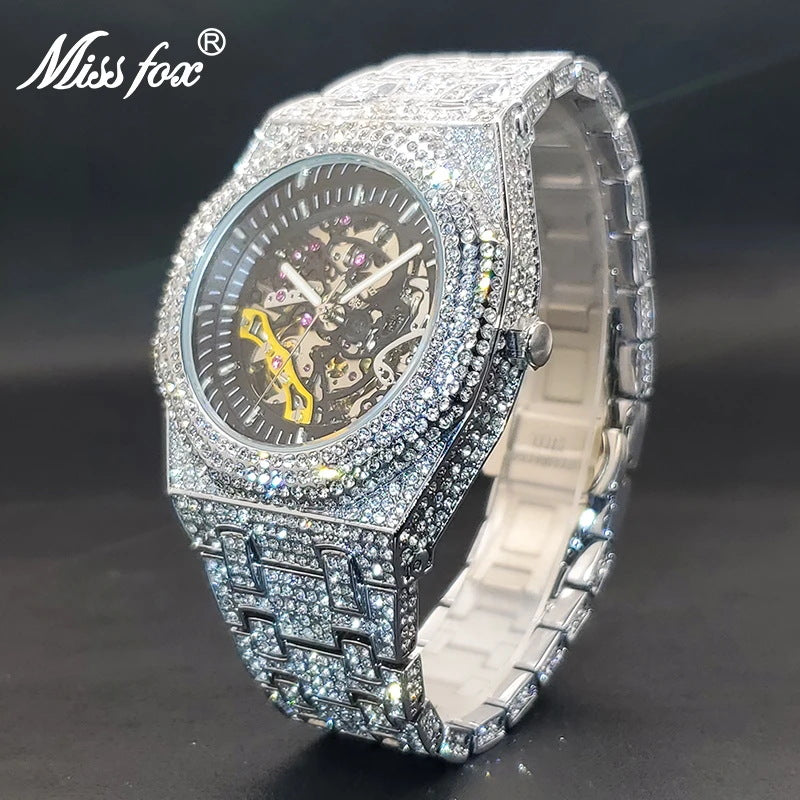 Mens Diamond Mechanical Watch Waterproof Luminous Stainless Steel