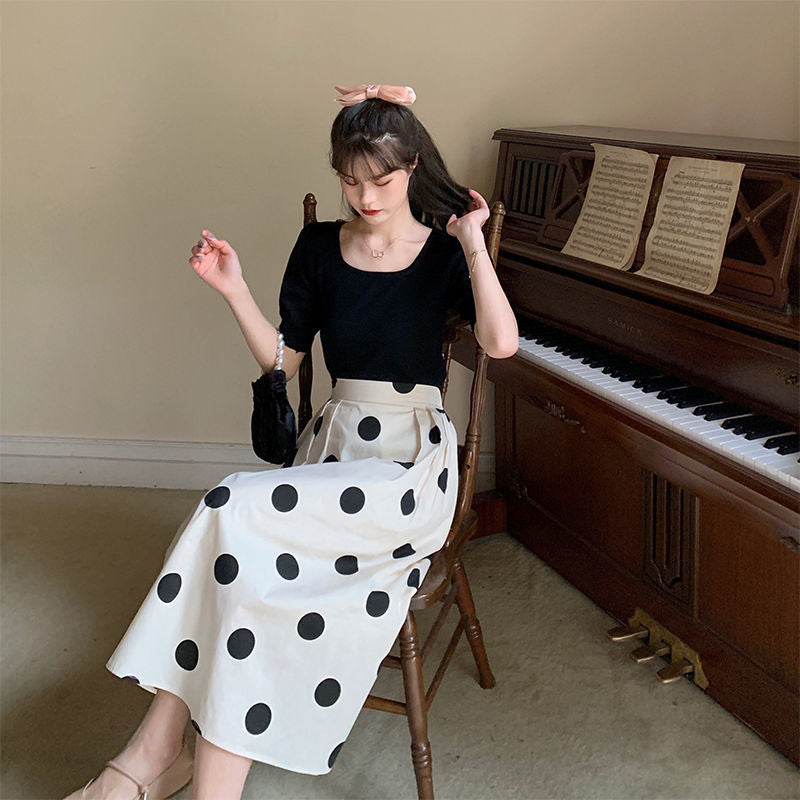 Damen Polka Dot Kleid mit T-Shirt-Set