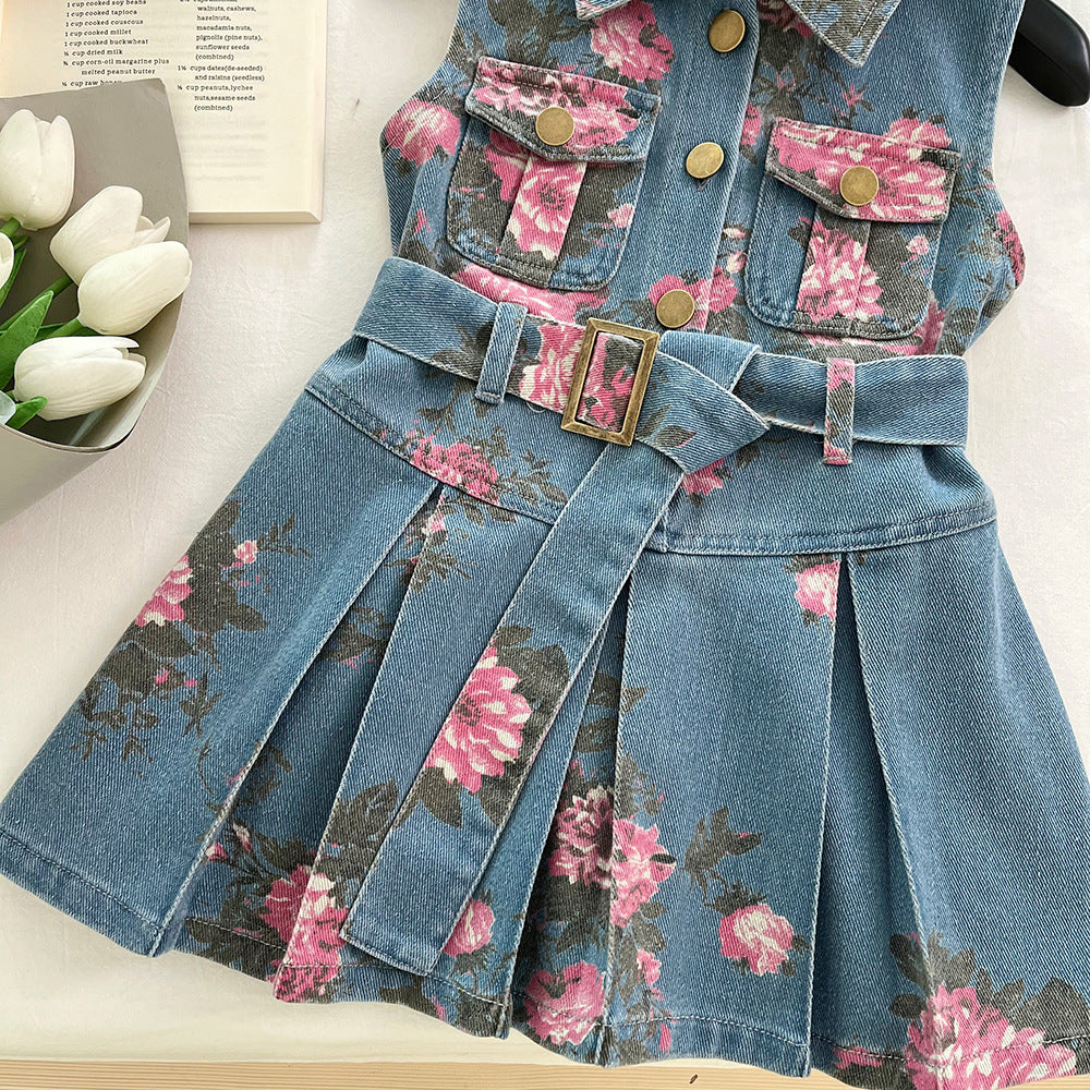 Girls Sleeveless Floral Print Denim Dress